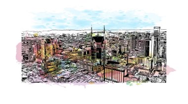 Nashville 'in simgesi olan Print Building View, Tennessee' deki bir şehirdir. Vektörde elle çizilmiş resim ile suluboya sıçraması.