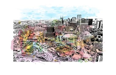 Nashville 'in simgesi olan Print Building View, Tennessee' deki bir şehirdir. Vektörde elle çizilmiş resim ile suluboya sıçraması.