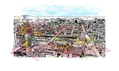 Nashville 'in simgesi olan Print Building View, Tennessee' deki bir şehirdir. Vektörde elle çizilmiş resim ile suluboya sıçraması.