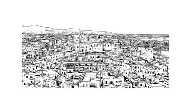 Print Building view with landmark of Naxos is the city in Greece. Hand drawn sketch illustration in vector.
