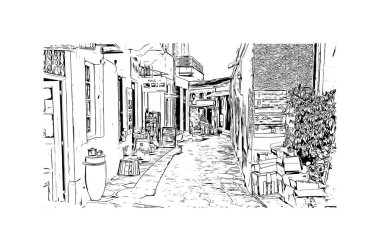 Print Building view with landmark of Naxos is the city in Greece. Hand drawn sketch illustration in vector.