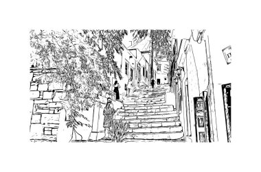 Print Building view with landmark of Naxos is the city in Greece. Hand drawn sketch illustration in vector.