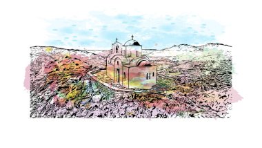 Print Building view with landmark of Naxos is the city in Greece. Vektörde elle çizilmiş resim ile suluboya sıçraması.