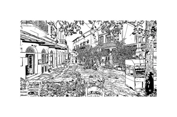 Print Building View Landmark Naxos City Greece Hand Drawn Sketch — Archivo Imágenes Vectoriales