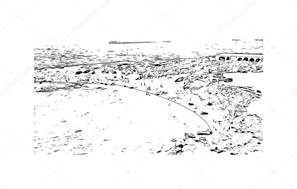 Print Building view with landmark of Naxos is the city in Greece. Hand drawn sketch illustration in vector.
