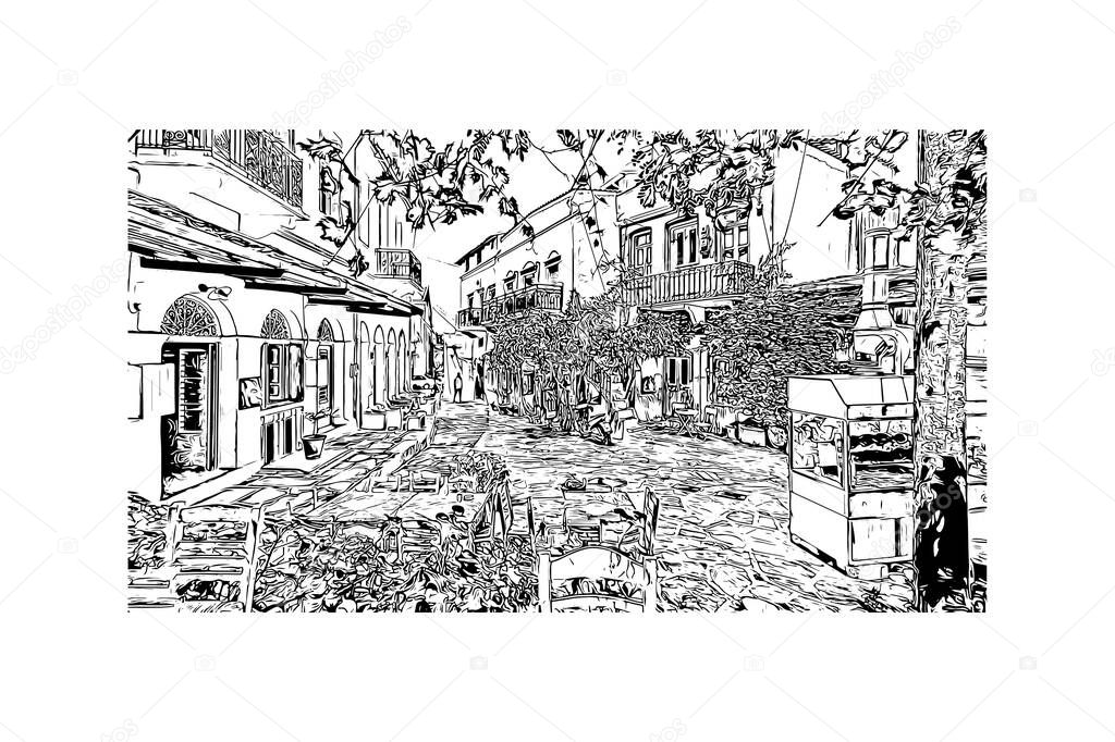 Print Building view with landmark of Naxos is the city in Greece. Hand drawn sketch illustration in vector.