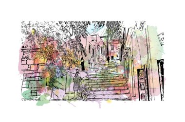 Print Building view with landmark of Naxos is the city in Greece. Vektörde elle çizilmiş resim ile suluboya sıçraması.