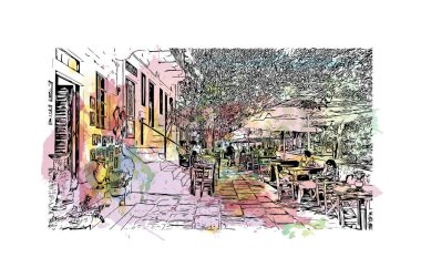 Print Building view with landmark of Naxos is the city in Greece. Watercolor splash with hand drawn sketch illustration in vector.
