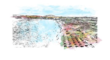 Print Building view with landmark of Naxos is the city in Greece. Watercolor splash with hand drawn sketch illustration in vector.