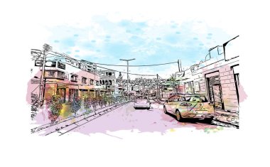 İsrail 'deki NazarethCity' nin simgesi olan Baskı Binası manzarası. Vektörde elle çizilmiş resim ile suluboya sıçraması.