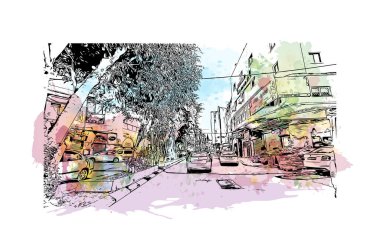 İsrail 'deki NazarethCity' nin simgesi olan Baskı Binası manzarası. Vektörde elle çizilmiş resim ile suluboya sıçraması.