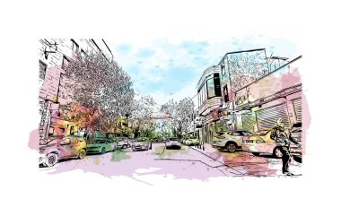 İsrail 'deki NazarethCity' nin simgesi olan Baskı Binası manzarası. Vektörde elle çizilmiş resim ile suluboya sıçraması.