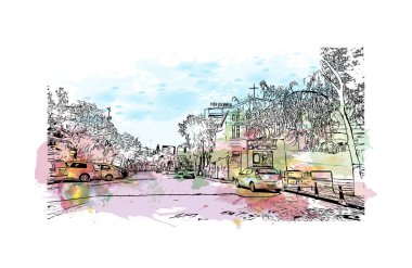 İsrail 'deki NazarethCity' nin simgesi olan Baskı Binası manzarası. Vektörde elle çizilmiş resim ile suluboya sıçraması.