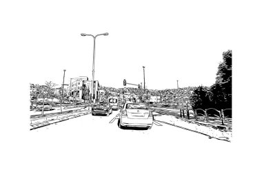 Print Building view with landmark of NazarethCity in Israel. Hand drawn sketch illustration in vector.