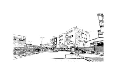 İsrail 'deki NazarethCity' nin simgesi olan Baskı Binası manzarası. Vektörde elle çizilmiş çizim çizimi.