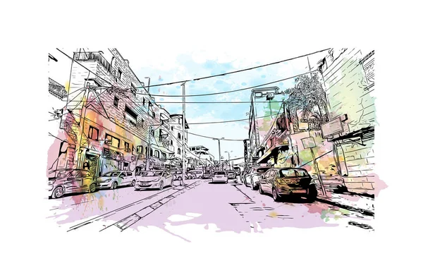 Print Building View Landmark Nazarethcity Israel Watercolor Splash Hand Drawn — Stockvektor