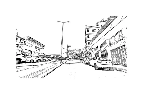 Print Building View Landmark Nazarethcity Israel Hand Drawn Sketch Illustration — Vetor de Stock