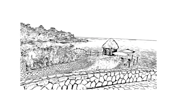 Print Building View Landmark Negril Town Jamaica Hand Drawn Sketch - Stok Vektor