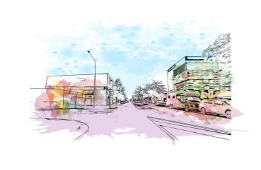 Print Building view with landmark of Nelson is the city in New Zealand. Watercolor splash with hand drawn sketch illustration in vector.