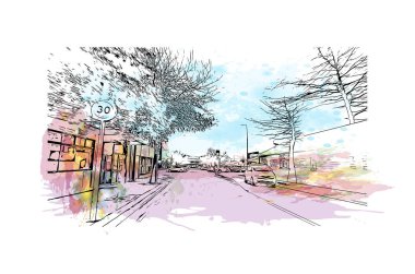 Nelson 'ın simgesi olan Print Building View Yeni Zelanda' da yer almaktadır. Vektörde elle çizilmiş resim ile suluboya sıçraması.