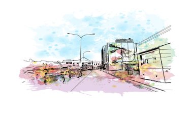Print Building view with landmark of Nelson is the city in New Zealand. Watercolor splash with hand drawn sketch illustration in vector.