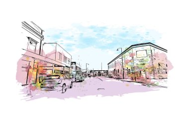 Print Building view with landmark of Nelson is the city in New Zealand. Watercolor splash with hand drawn sketch illustration in vector.