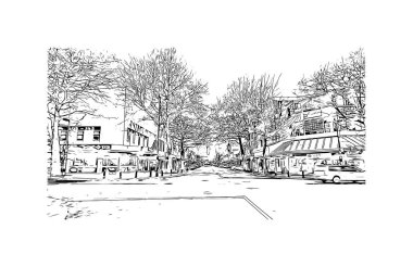 Nelson 'ın simgesi olan Print Building View Yeni Zelanda' da yer almaktadır. Vektörde elle çizilmiş çizim çizimi.