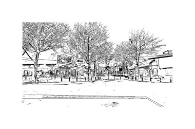 Nelson 'ın simgesi olan Print Building View Yeni Zelanda' da yer almaktadır. Vektörde elle çizilmiş çizim çizimi.