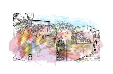 Nerja, İspanya 'da bir şehirdir. Elle çizilmiş çizimle suluboya sıçraması. Yazdır 