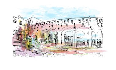 Nerja, İspanya 'da bir şehirdir. Elle çizilmiş çizimle suluboya sıçraması. Yazdır 