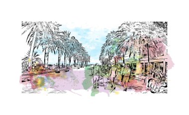 Nerja, İspanya 'da bir şehirdir. Elle çizilmiş çizimle suluboya sıçraması. Yazdır 