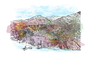 Nerja, İspanya 'da bir şehirdir. Elle çizilmiş çizimle suluboya sıçraması. Yazdır 