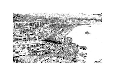 Nerja, İspanya 'da bir şehirdir. Vektörde el çizimi çizimi çizimi. Yazdır 