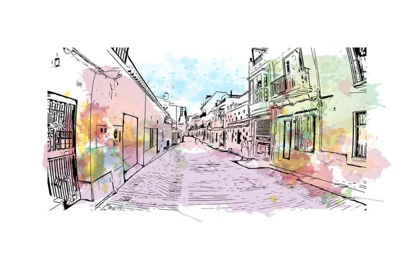 Print Building View Landmark Nerja Town Spain Watercolor Splash Hand — Image vectorielle