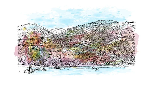 Nerja Spanya Bir Şehirdir Elle Çizilmiş Çizimle Suluboya Sıçraması Yazdır — Stok Vektör