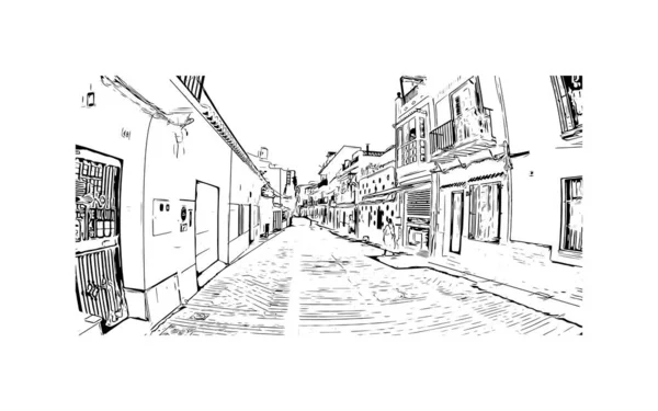 Print Building View Landmark Nerja Town Spain Hand Drawn Sketch — Image vectorielle