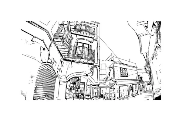 Print Building View Landmark Nerja Town Spain Hand Drawn Sketch — Image vectorielle