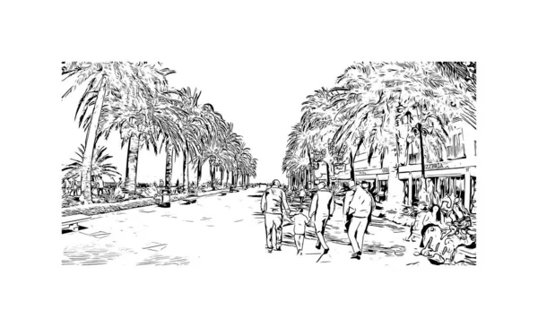Print Building View Landmark Nerja Town Spain Hand Drawn Sketch — Stok Vektör