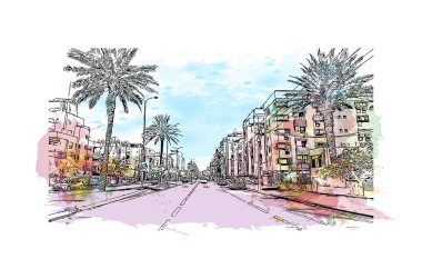 Netanya 'nın simgesi olan Print Building view, İsrail' in başkentidir. Vektörde elle çizilmiş resim ile suluboya sıçraması.