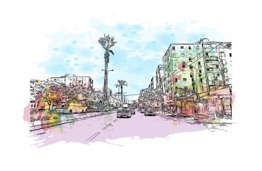 Netanya 'nın simgesi olan Print Building view, İsrail' in başkentidir. Vektörde elle çizilmiş resim ile suluboya sıçraması.