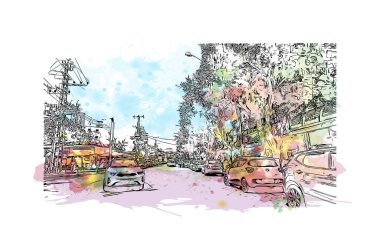 Netanya 'nın simgesi olan Print Building view, İsrail' in başkentidir. Vektörde elle çizilmiş resim ile suluboya sıçraması.