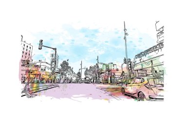 Netanya 'nın simgesi olan Print Building view, İsrail' in başkentidir. Vektörde elle çizilmiş resim ile suluboya sıçraması.