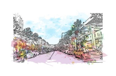 Netanya 'nın simgesi olan Print Building view, İsrail' in başkentidir. Vektörde elle çizilmiş resim ile suluboya sıçraması.