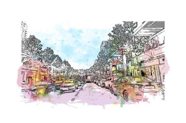 Netanya 'nın simgesi olan Print Building view, İsrail' in başkentidir. Vektörde elle çizilmiş resim ile suluboya sıçraması.