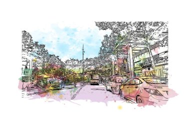 Netanya 'nın simgesi olan Print Building view, İsrail' in başkentidir. Vektörde elle çizilmiş resim ile suluboya sıçraması.