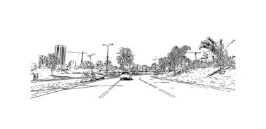 Print Building view with landmark of Netanya is the city in Israel. Hand drawn sketch illustration in vector.