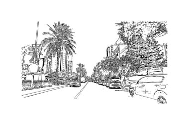 Netanya 'nın simgesi olan Print Building view, İsrail' in başkentidir. Vektörde elle çizilmiş çizim çizimi.