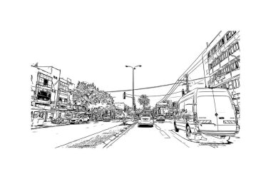 Print Building view with landmark of Netanya is the city in Israel. Hand drawn sketch illustration in vector.