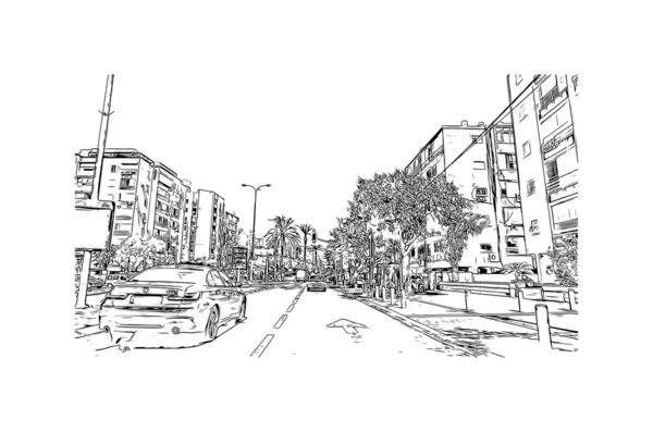 Print Building View Landmark Netanya City Israel Hand Drawn Sketch — Image vectorielle