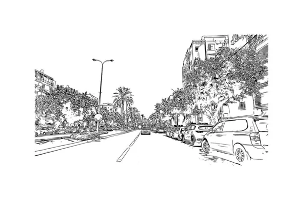 Print Building View Landmark Netanya City Israel Hand Drawn Sketch — Archivo Imágenes Vectoriales